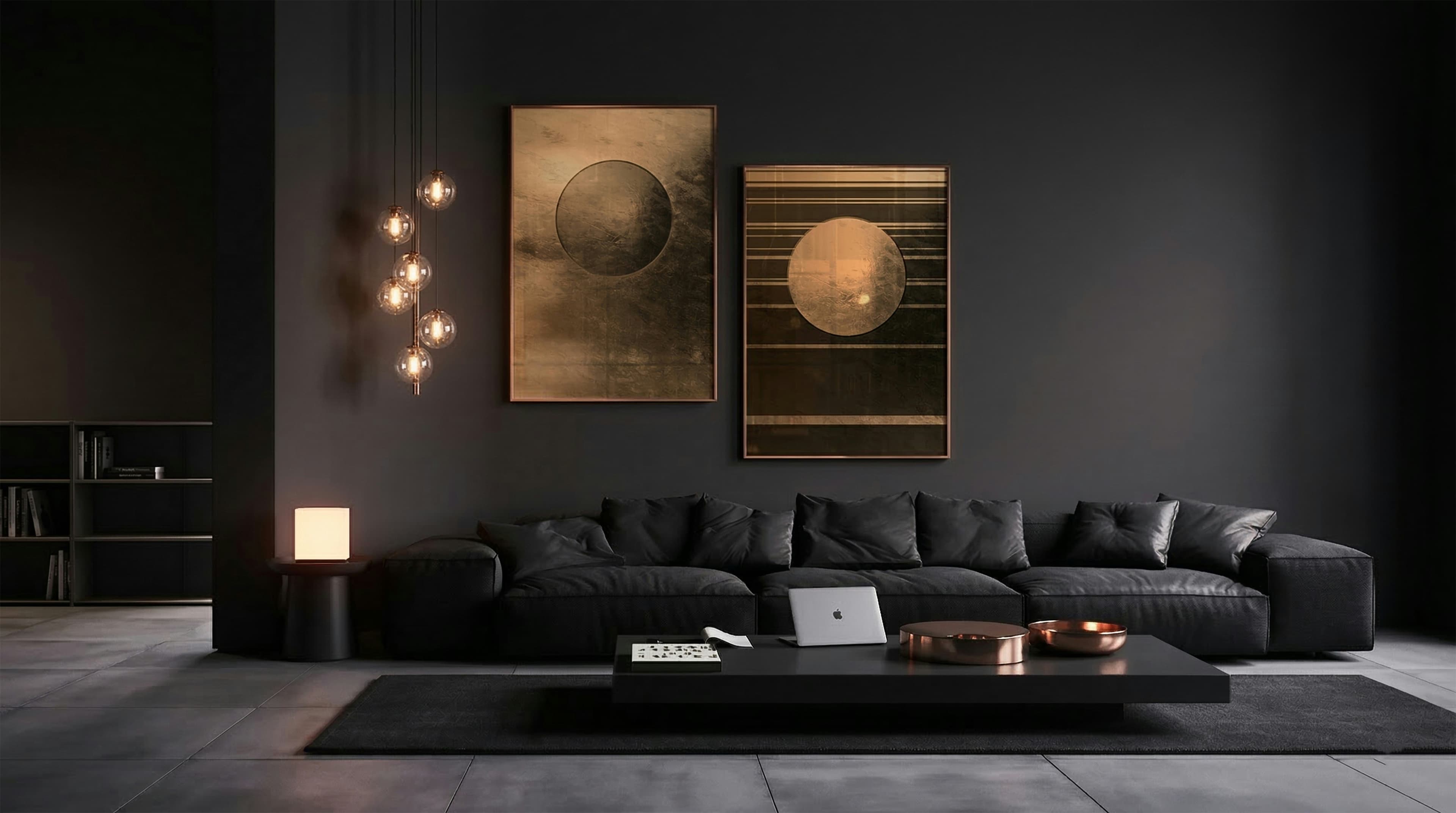 Luxury property interior with dark walls, copper art and pendant lighting